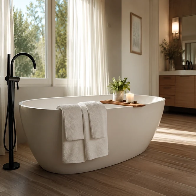 A freestanding soaking tub in a newly remodeled bathroom.