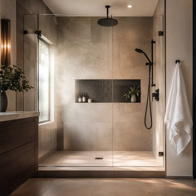 A new frameless glass shower with a rainfall showerhead.