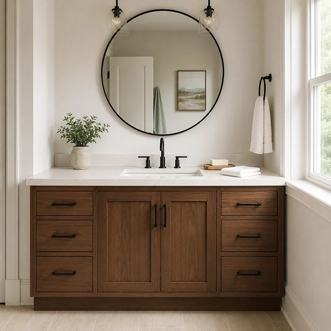 A newly remodeled bathroom with a custom wood vanity cabinet.