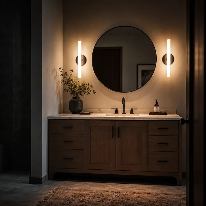 A newly remodeled bathroom with a new bathroom vanity and LED sconces.