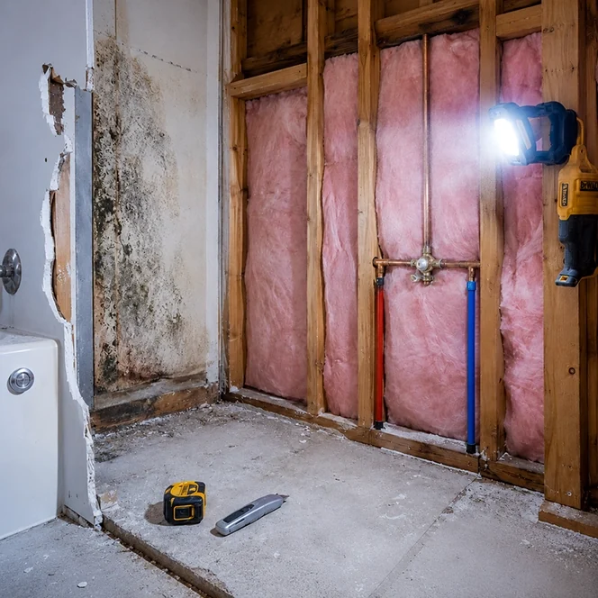Bathroom drywall replacement in-progress.