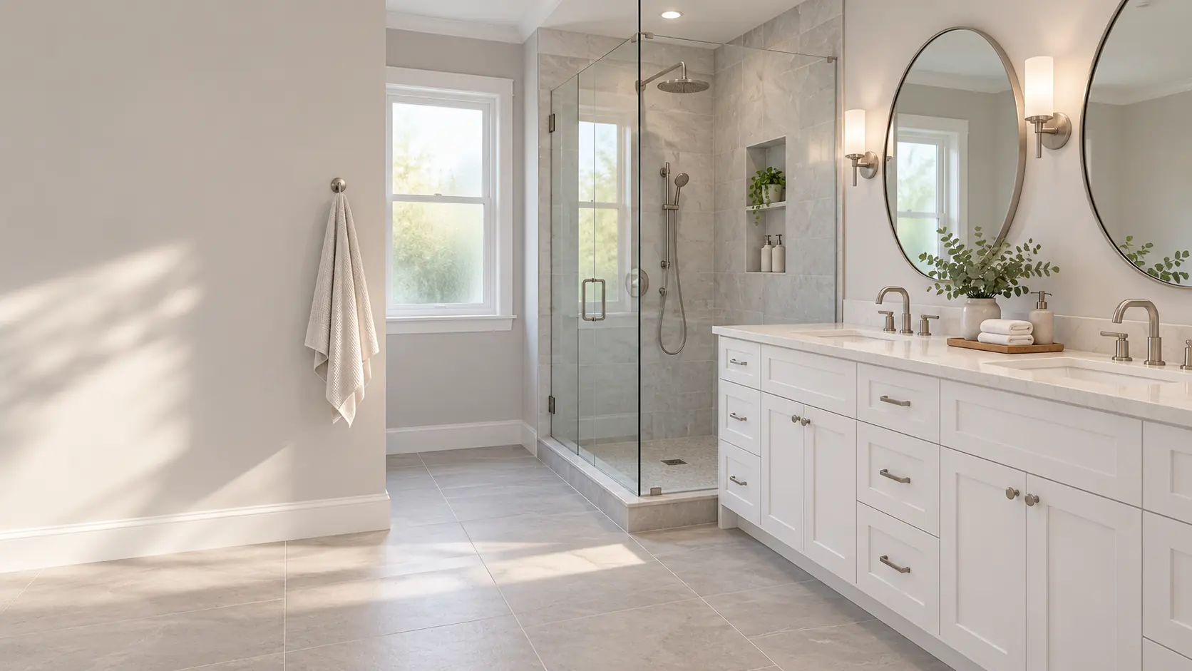 A remodeled bathroom with a white double vanity, round mirrors and a frameless glass walk-in shower.