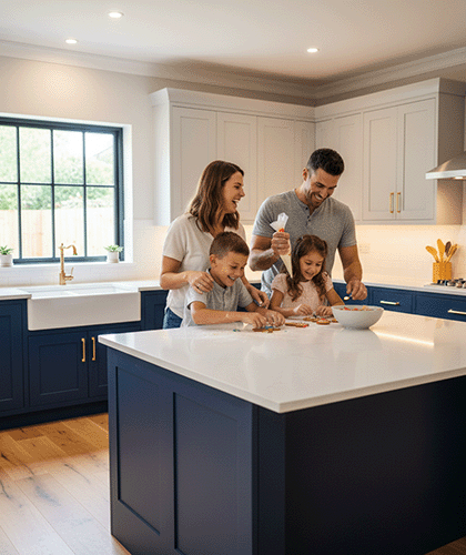 A family enjoying their new kitchen.