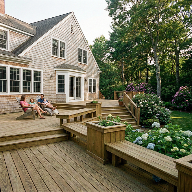 A custom built deck with pressure treated wood.