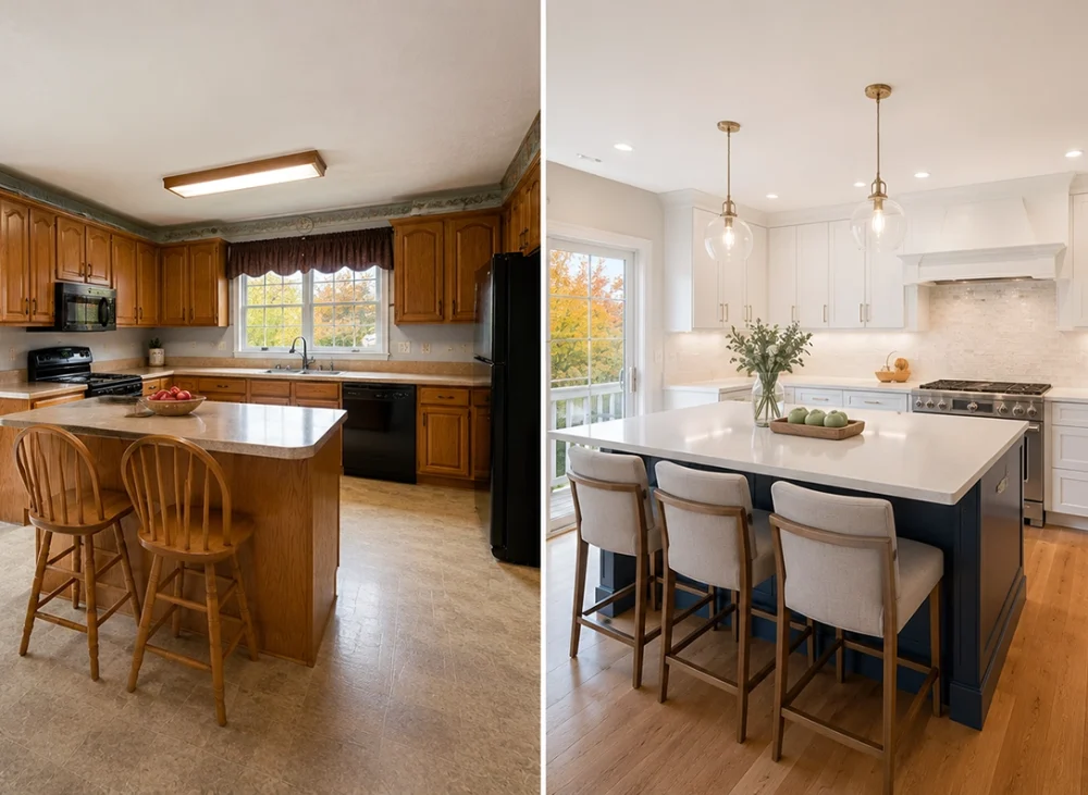 Before and after kitchen remodel comparison in a Massachusetts colonial home, featuring an outdated oak cabinet kitchen transformed into a bright modern space with white shaker cabinets, quartz countertops, hardwood floors, and stainless steel appliances.