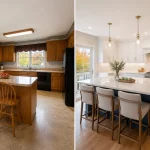 Before and after kitchen remodel comparison in a Massachusetts colonial home, featuring an outdated oak cabinet kitchen transformed into a bright modern space with white shaker cabinets, quartz countertops, hardwood floors, and stainless steel appliances.