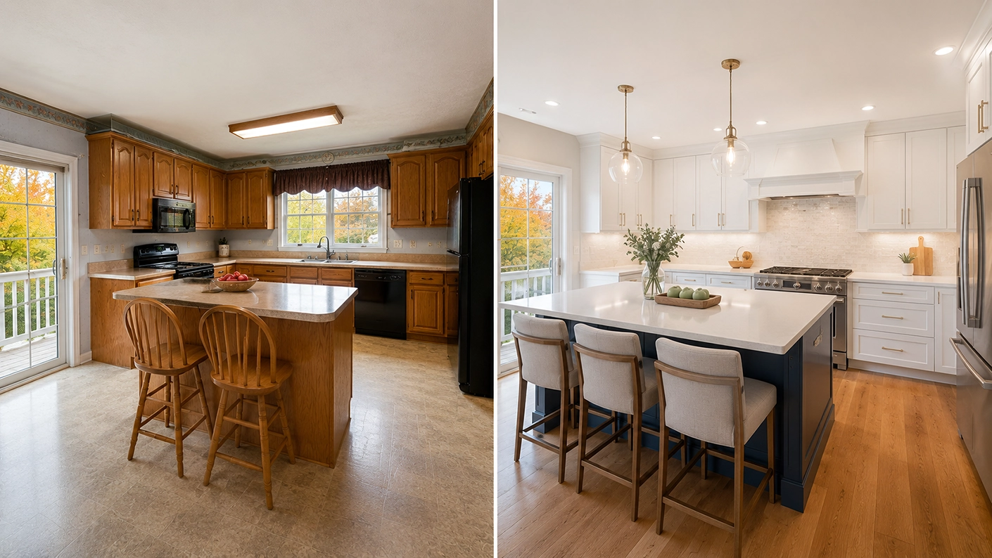 Before and after kitchen remodel comparison in a Massachusetts colonial home, featuring an outdated oak cabinet kitchen transformed into a bright modern space with white shaker cabinets, quartz countertops, hardwood floors, and stainless steel appliances.
