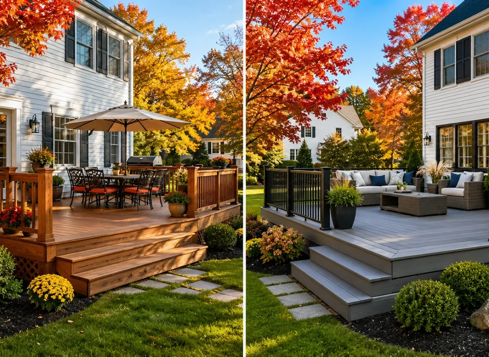 A split-screen showing a stained pressure-treated wood deck and a composite deck.