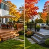A split-screen showing a stained pressure-treated wood deck and a composite deck.