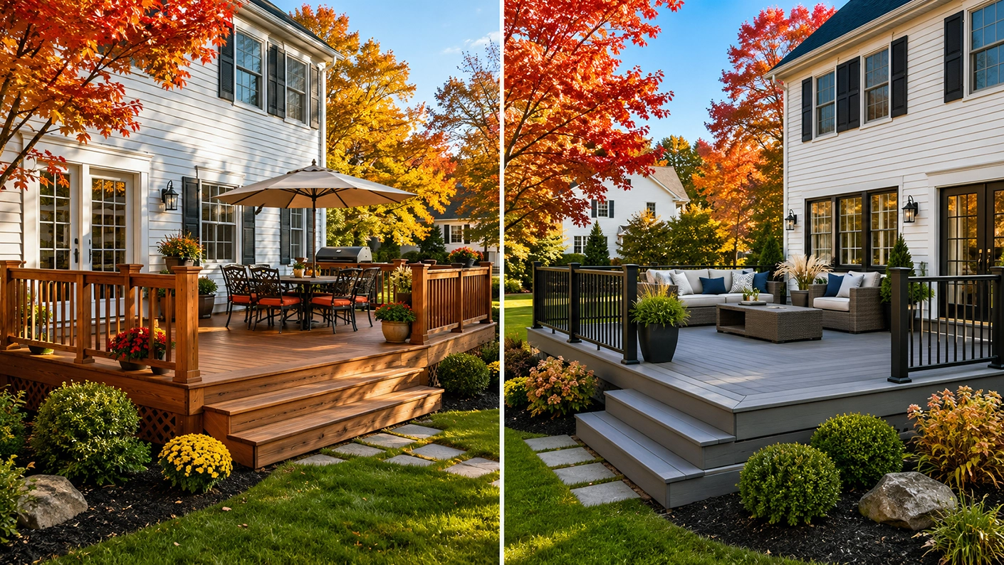 A split-screen showing a stained pressure-treated wood deck and a composite deck.
