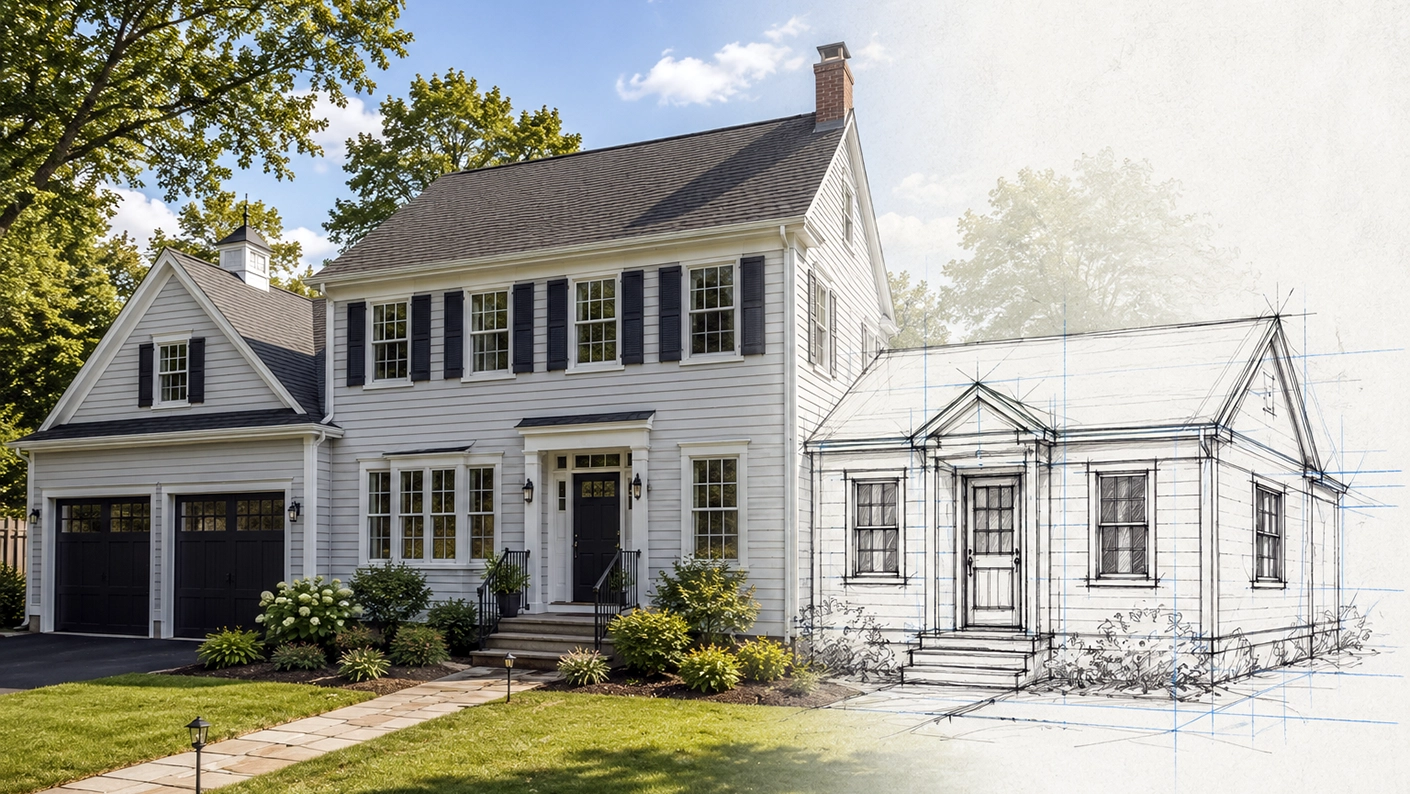 Concept sketch of an attached ADU addition planned for the side of an existing two-story home.