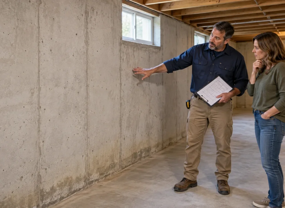 Basement remodeling contractor walking with a potential client, examining her basement.