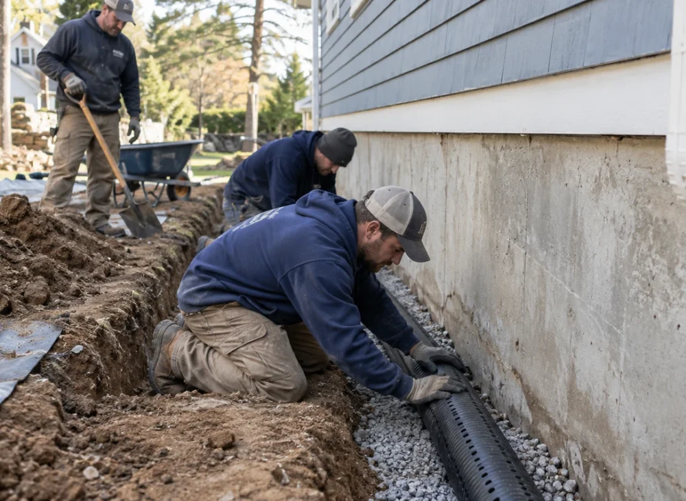 Basement remodeling contractors installing drainage around the exterior foundation wall.