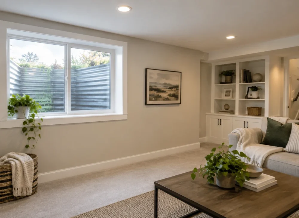 An egress window in a newly remodeled basement.