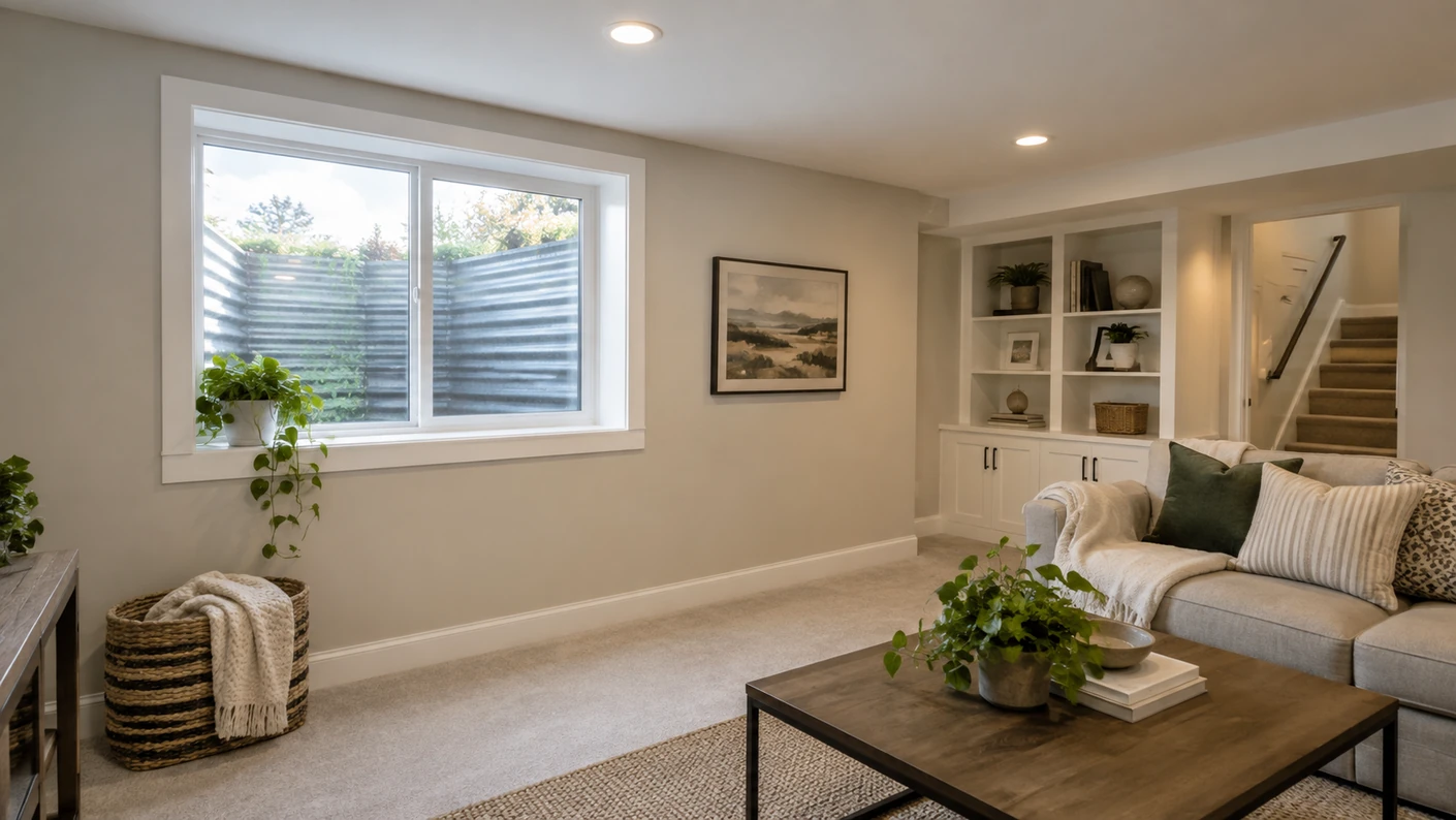 An egress window in a newly remodeled basement.