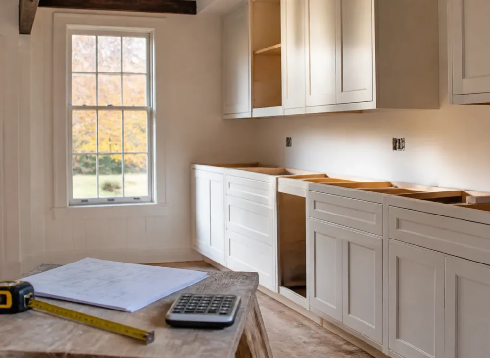 Kitchen remodel in progress in a Massachusetts colonial home, with new white shaker cabinets, a tape measure, estimate sheet and calculator used to figure kitchen remodel cost