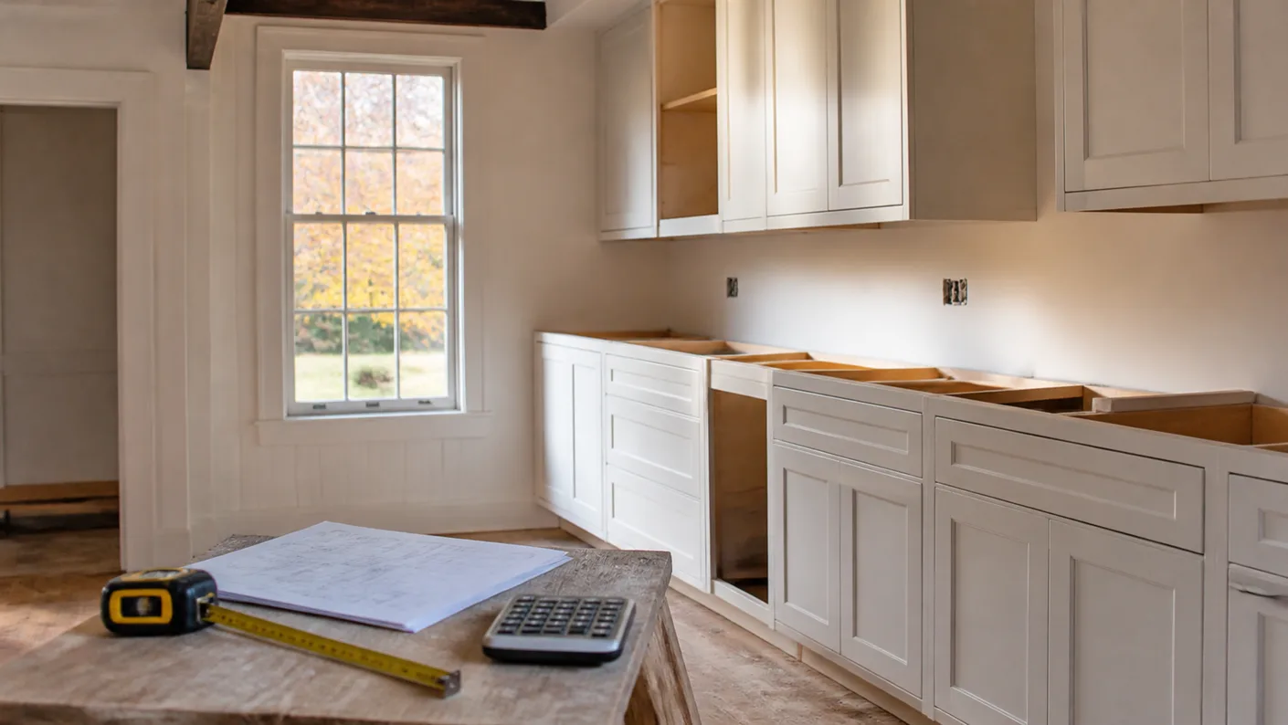 Kitchen remodel in progress in a Massachusetts colonial home, with new white shaker cabinets, a tape measure, estimate sheet and calculator used to figure kitchen remodel cost
